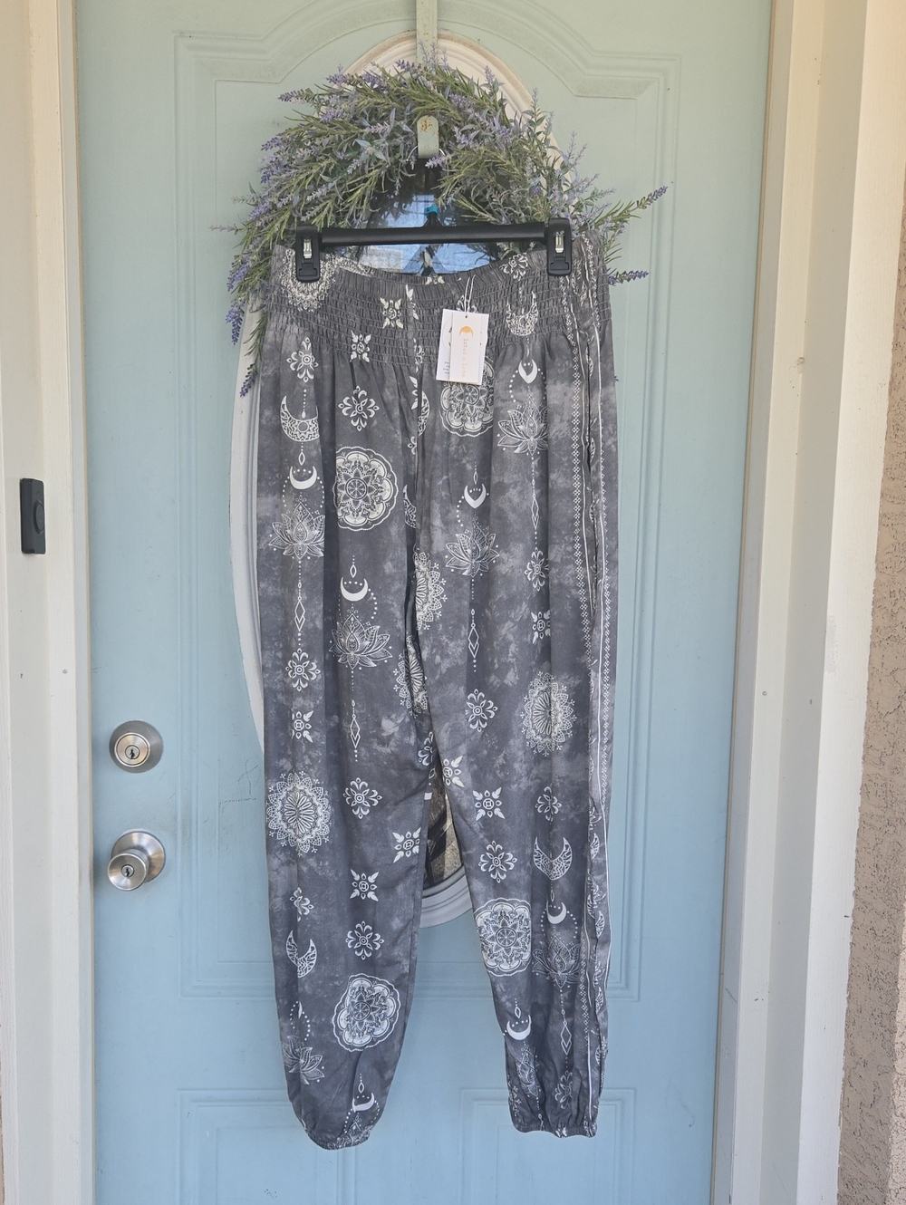 Lotus and Luna Gray Boho Print Elastic Waist Harem Pants